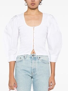 GANNI White Cotton Poplin Smock Blouse